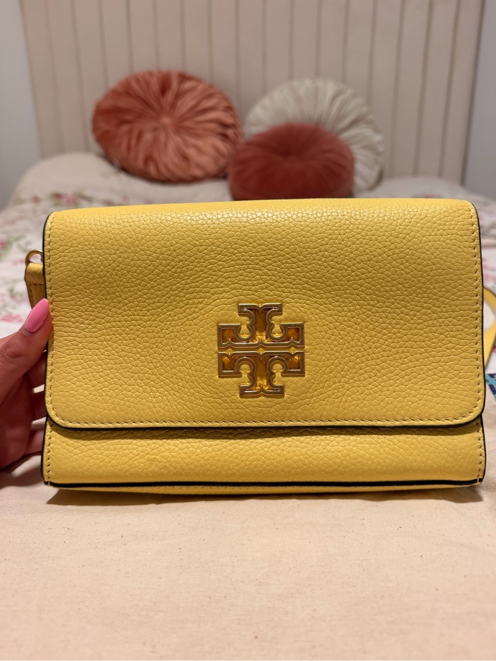 Tory Burch Yellow Pebbled Leather Crossbody with Gold Logo